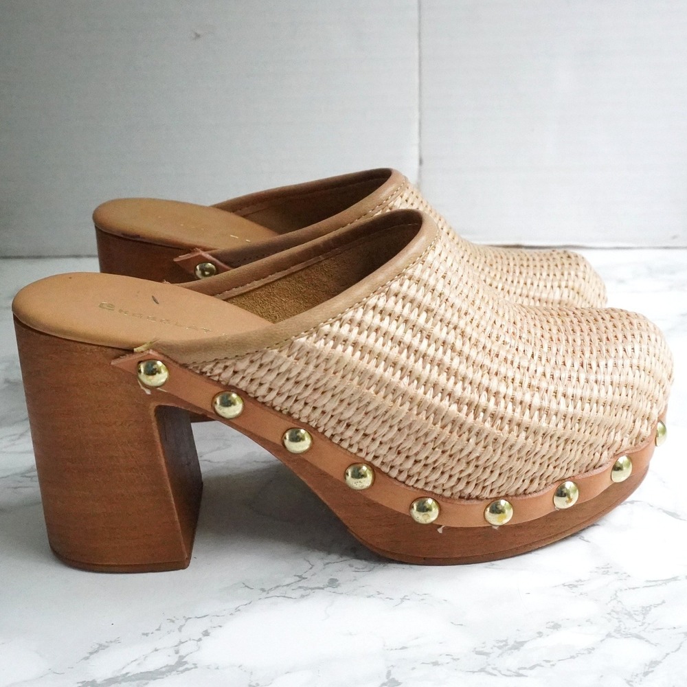Chocolat Blu Raffia Platform Clogs Studded Wooden Heel Mules Tan 36 Boho Chunky
